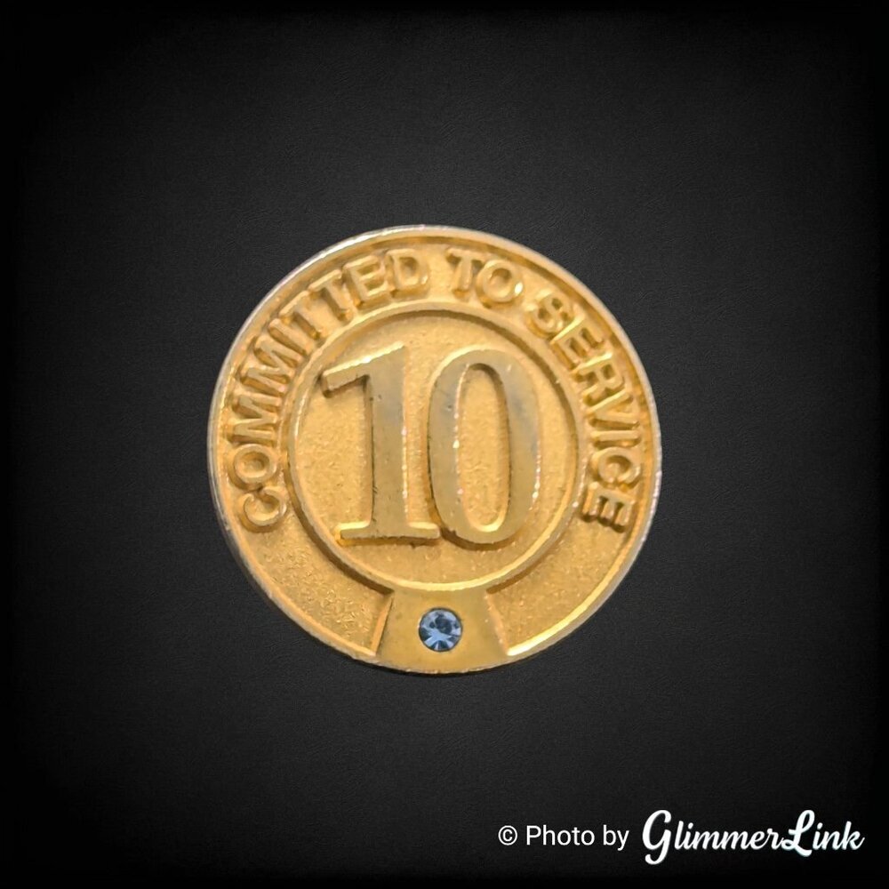 Vintage Committed To Service 10 Year Pin Blue Rhinestone Gold Tone Award Pin